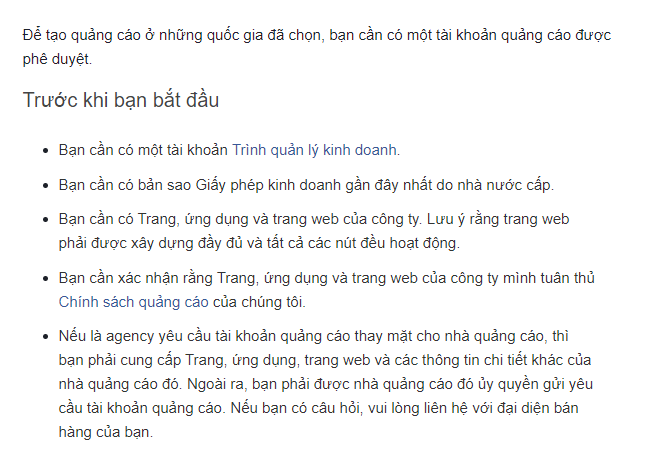 Thông báo của Facebook khi tạo tài khoản quảng cáo mới ở thị trường Việt Nam